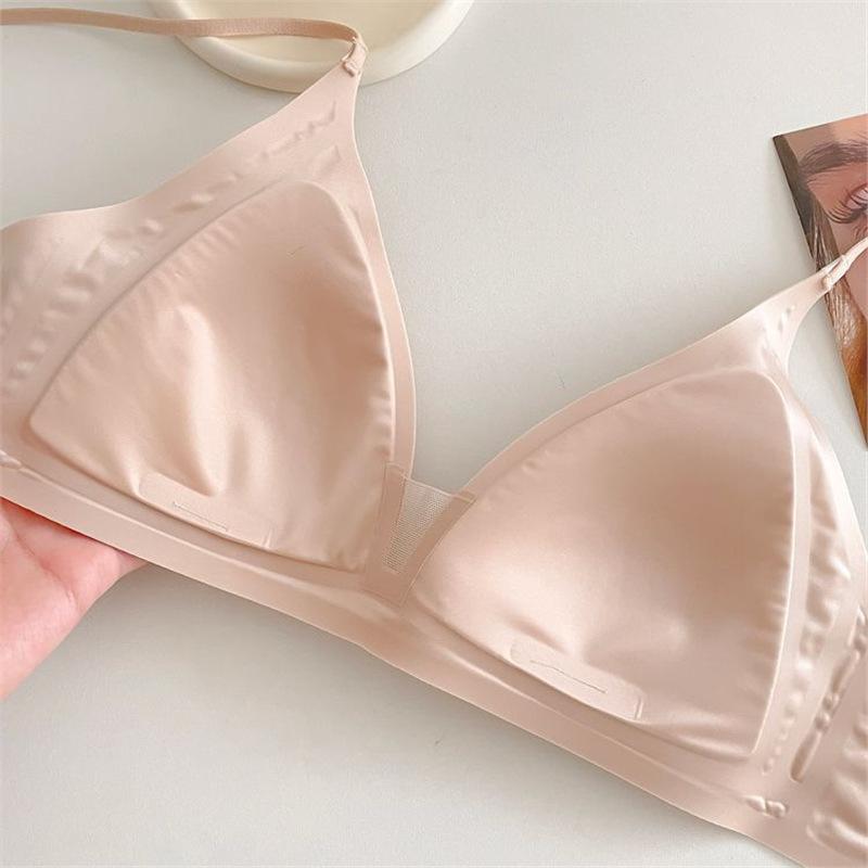 Douyin] Naked Seamless Glossy Underwear Light Luxury Mesh Stitching Triangular Cup Small Chest Gathering Girl Bra