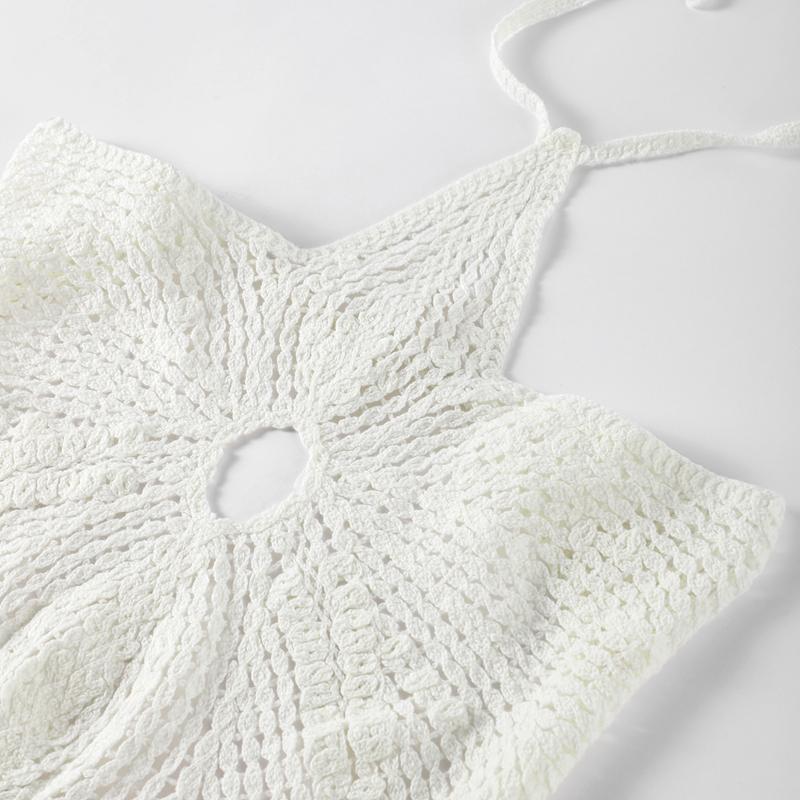 Sexy Häkel-Strick Strand Mini Kleid Damen Aushöhlen Neckholder Ärmellos Rückenfrei Schnürung Weibliche Kleider 2024 Sommer Dame Slim Roben