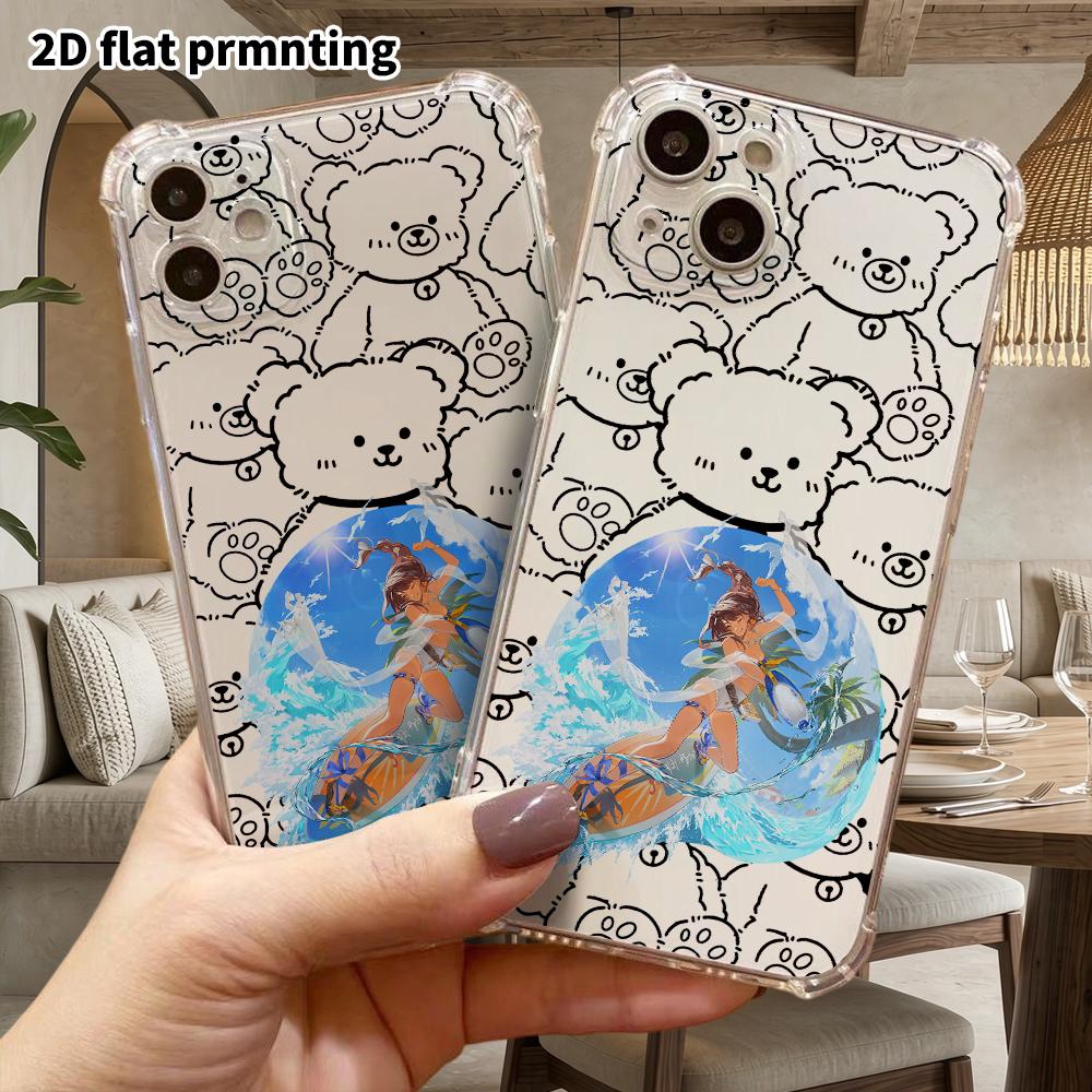 Phone Case: 2D Flat Suitable for iPhone 18 17 16 15 14 13 Pro, Transparent Four Corner Protective Case, Surfing Girl, Christmas and Halloween Gifts