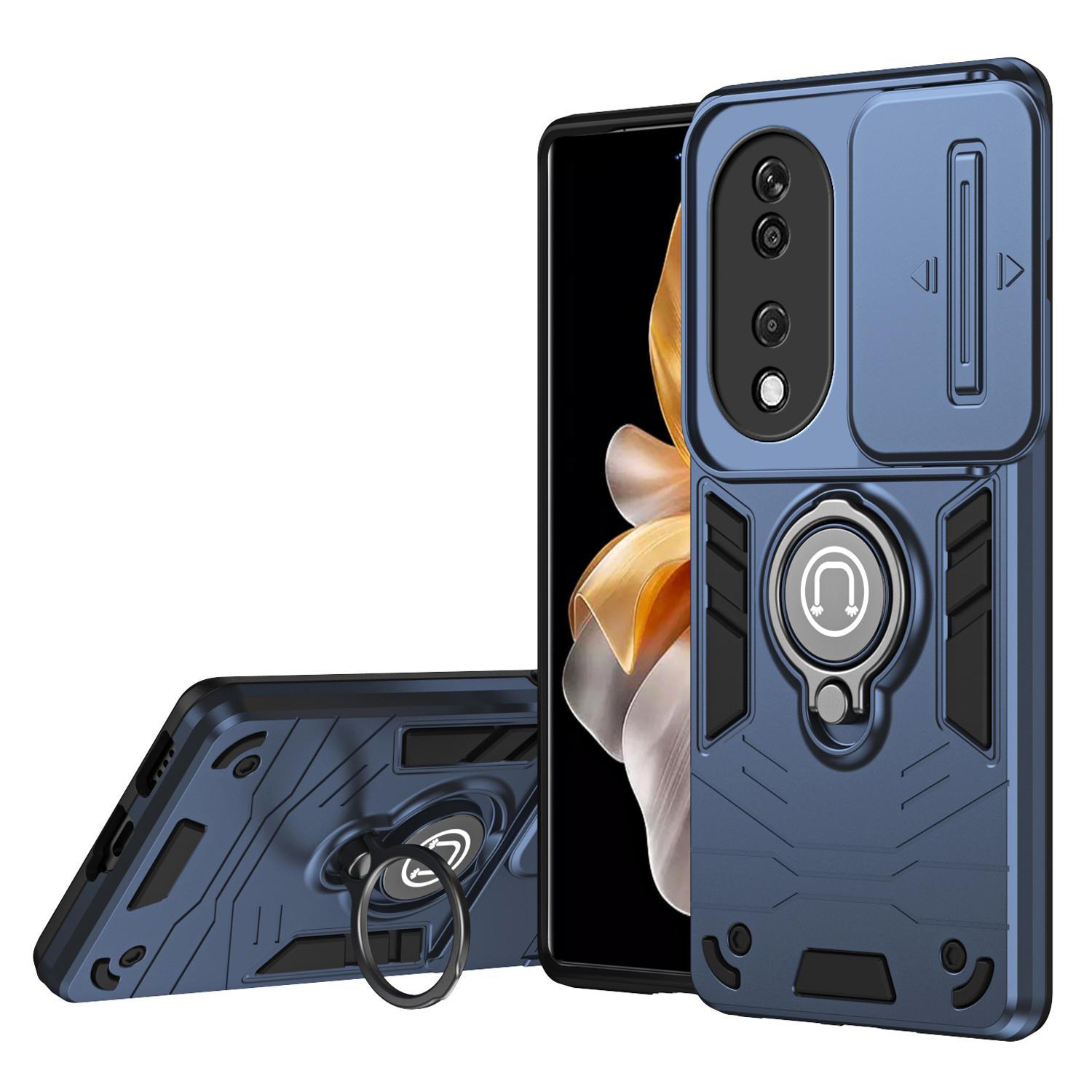 

For Honor X7b 4G/90 Smart Case Lens Shield Kickstand PC+TPU Phone Cover Blue