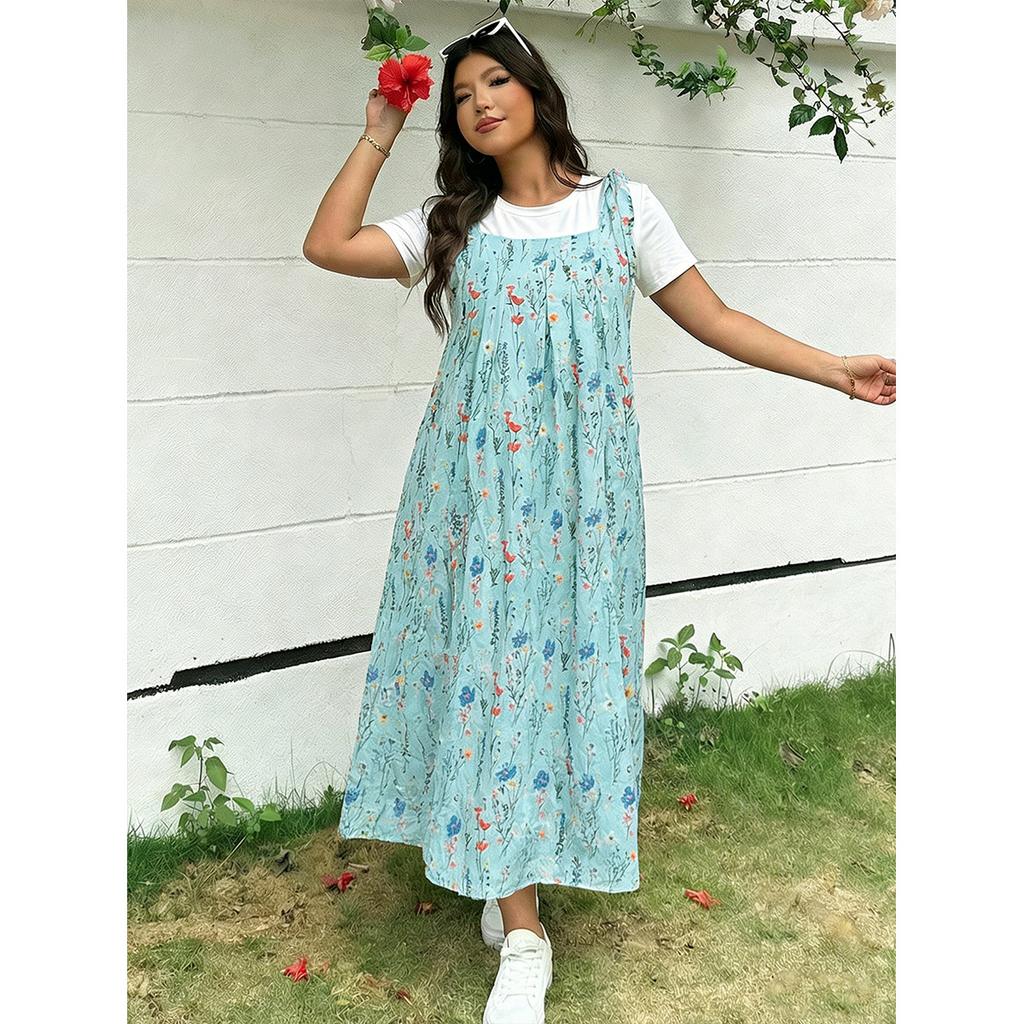 Floral Print Overall Dress Loose Plus Size Sleeveless Long Dress Layered Versatile Vacation Printed Dress Elegant Fashion Comfortable Dress