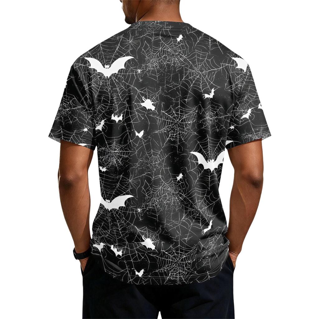 Men's Halloween Print Short Sleeve Henley Shirt Casual Round Neck Top with Button Detail Lightweight Breathable Fabric