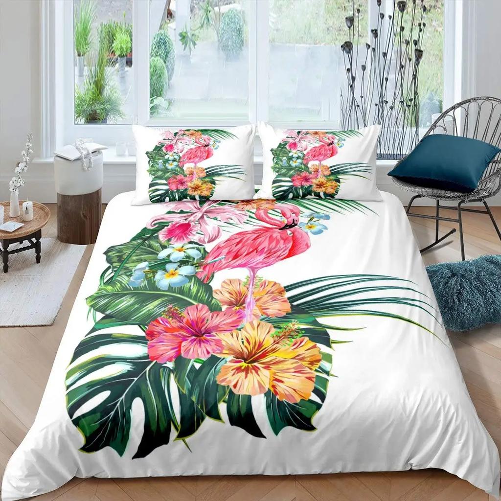 Pink Flamingo Comforter Cover Green Palm Leaves Printed Bedding Set Duvet Cover for Teen Boys Girls Women Full Queen King Size