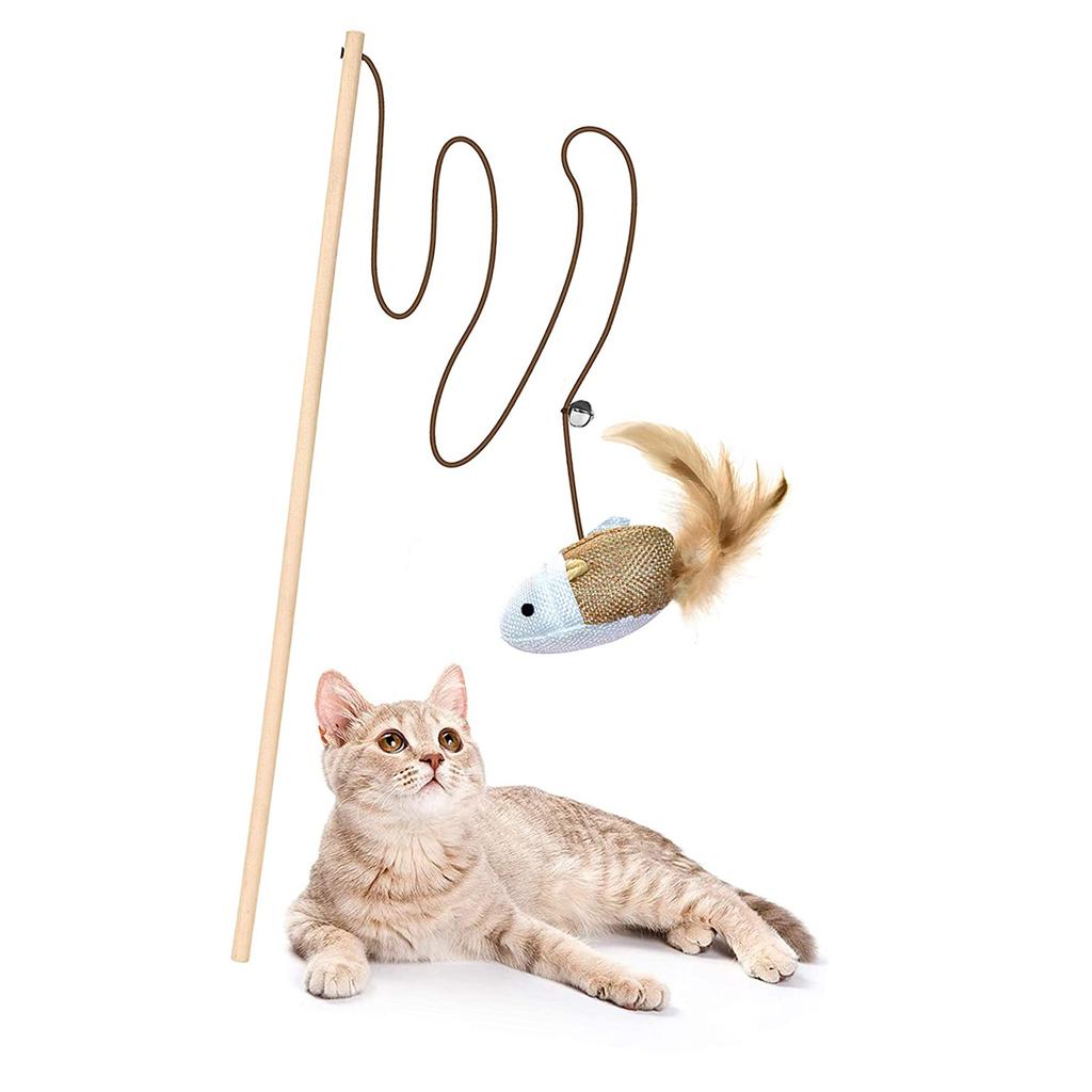 1Pcs Natural Cat Catcher Toy 40cm Wooden Pole With Bell Elastic Pole Turkey Feather Teaser Stick Wooden Pole Linen Feather 28g