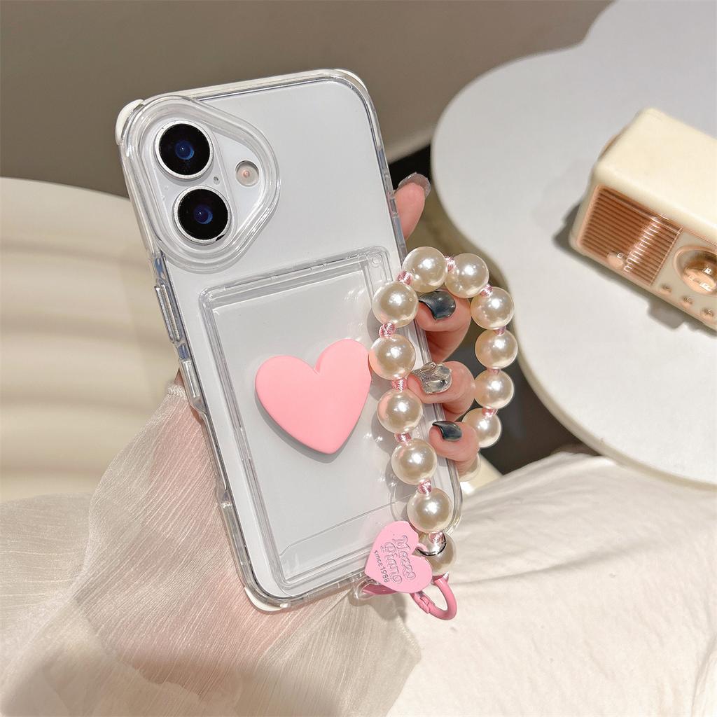 For iPhone 15 Pro Max 16 Plus 14 Protection Heart Love Texture Bracelet Protector Mobile Phone Case Card Slot Plastic Cover