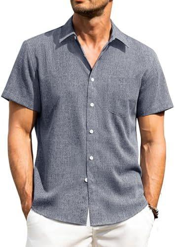 Alimens & Gentle Men's Linen Shirt Short Sleeve Button Up Shirt Wrinkle Free Casual Vacation Beach Summer