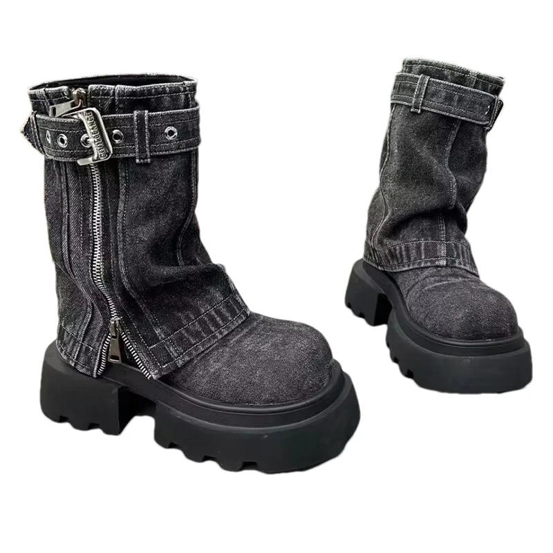 Fashion Women Cowboy Mid-calf Boots Zipper Platform Mid Heels Designer Shoes Winter New Motorcycle Boots 2025