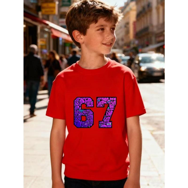 European sizes 1 Boys' Short-Sleeve T-Shirt with Creative Digital 67 Print Design, Suitable for Spring/Summer Casual and Sportswear
