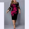 Women's Round Neck Long Sleeve Pencil Midi Dress Slim Fit Floral Digital Print Mesh Patchwork Plus Size Bodycon Dress