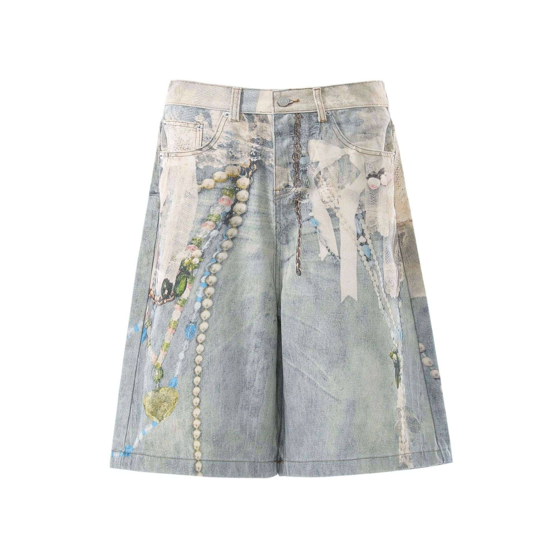 European, American retro loose jeans washed cropped pants printed personalized wide-leg scimitar pants S