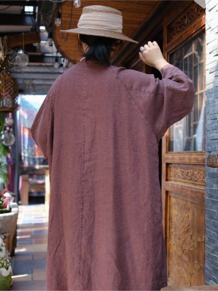 Johnature Women Chinese Style Linen Trench Solid Color Stand Long Sleeve Solid Color Coats Button Belt Women Trench