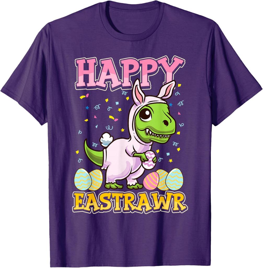 Happy Eastrawr Dinosaur Bunny Costume Graphic Tee Men's Casual Cotton Short Sleeve T-Shirt