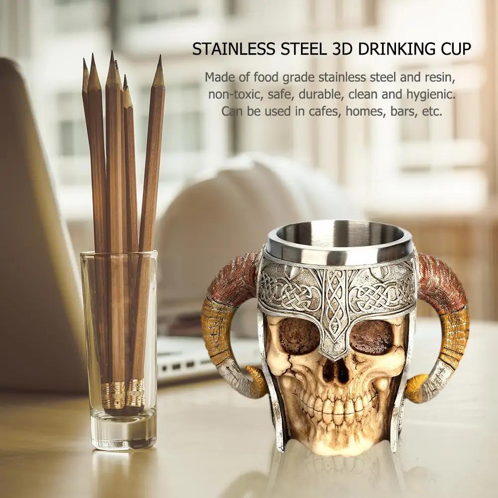 Edelstahl Totenkopf Tasse Bier Kaffee Tasse Wikinger Trinkbecher Skelett Harz Bier Tasse Halloween Geschenk Dekoration Ornament