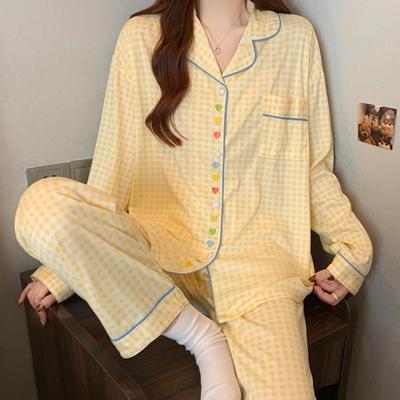 Frische Bunte Herzstickerei Damenpyjama Romantisch Literarisch Zweifarbiges Karomuster Loungewear Frühling Milchseide Homewear