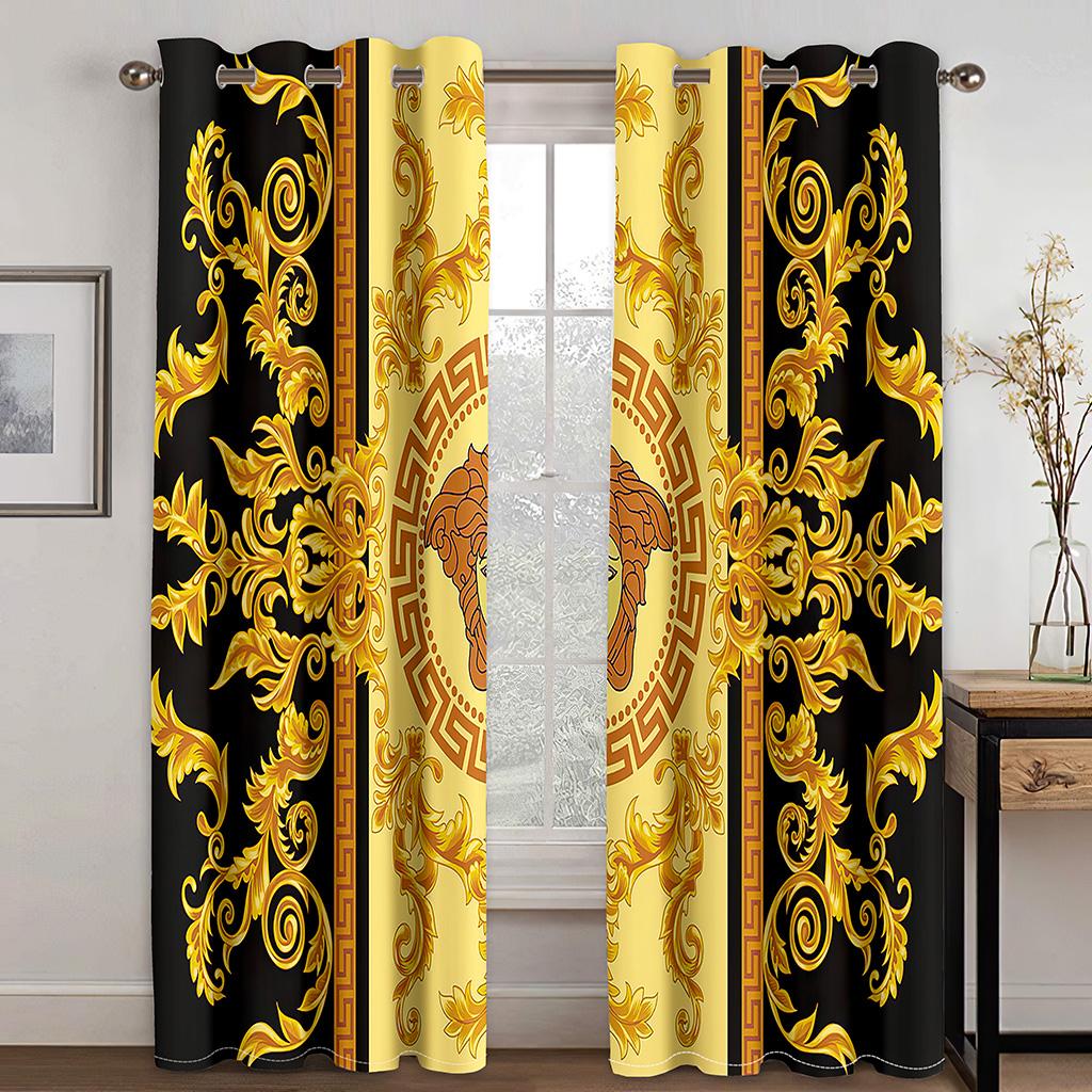 3D Floral Totem Golden Blue Human Head Curtains Living Room Bedroom Kitchen Balcony Window Decorative Curtains 2 Panels