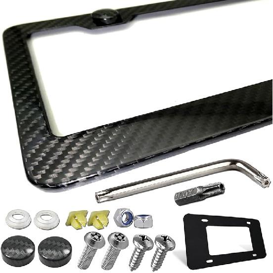 Carbon Fiber License Plate Frame- 100% Handcrafted Real Carbon Fiber Cloth Wrapped Holder, Slim Black Stainless Steel Car Tag Cover With Screws Caps,