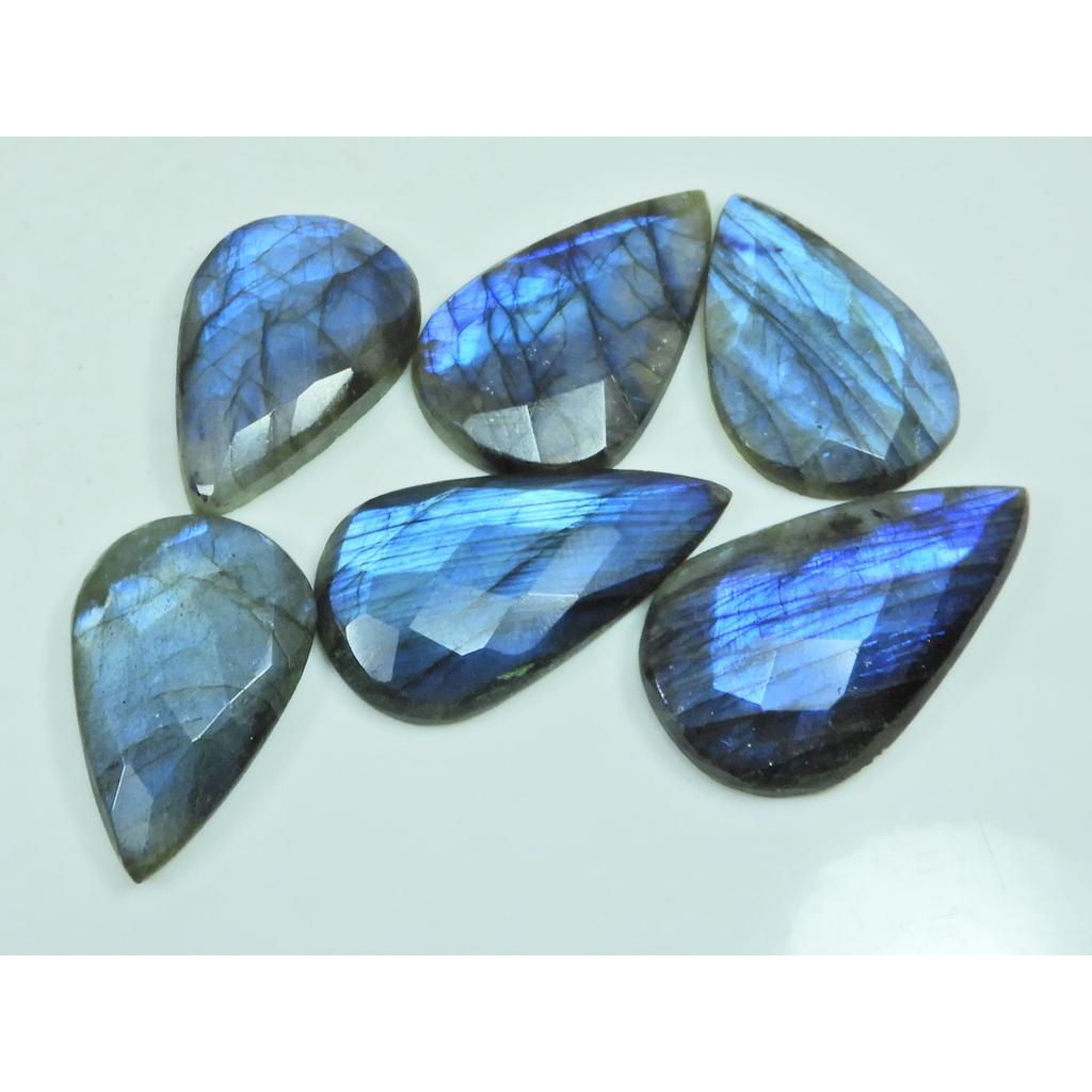 Natural Blue Labradorite Checker Cut Pear Cabochon Loose Gemstone 06 Pcs Lot C-3697