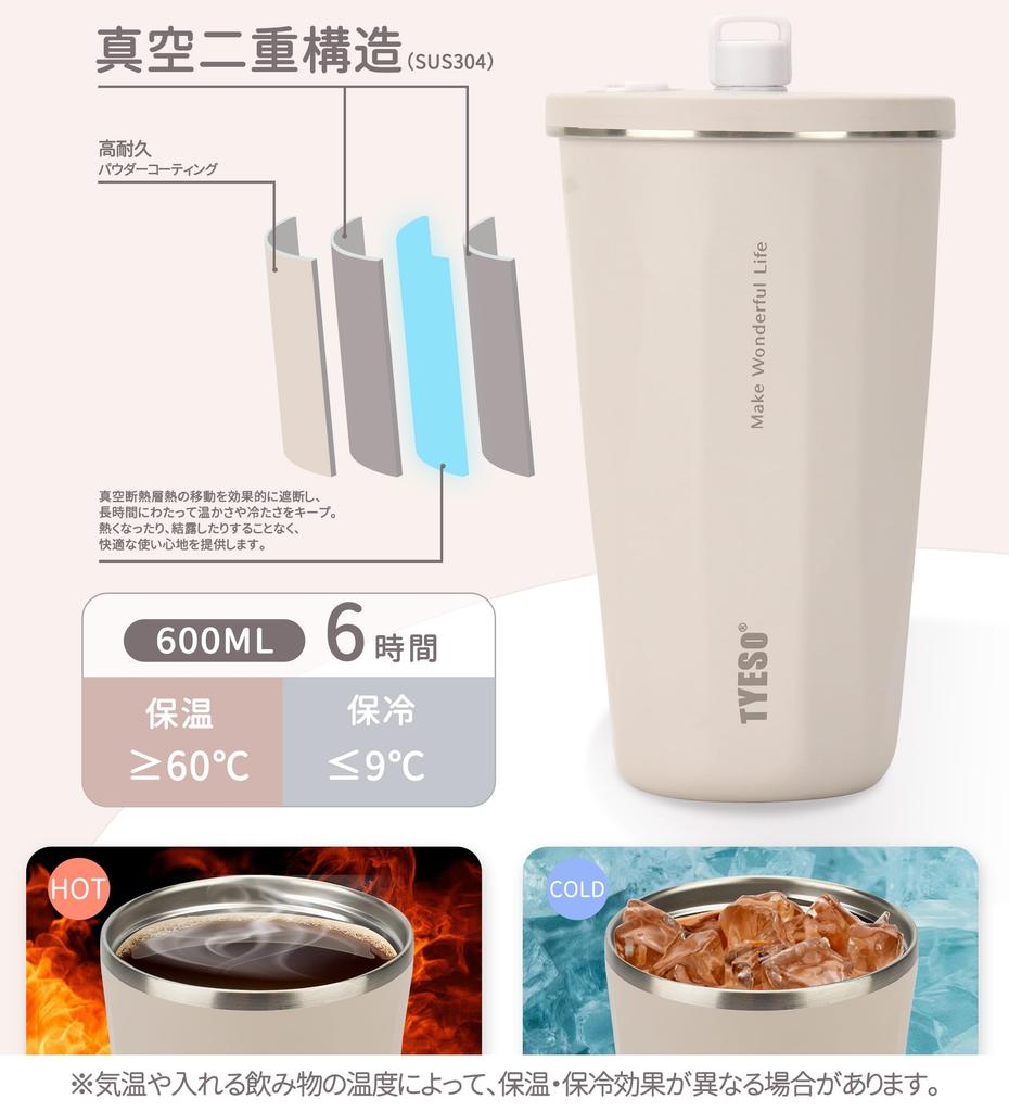 [Social Media Trend] TYESO Tumbler with Straw, 600ml, Stainless Steel, with Lid, Vacuum Insulated, Keeps Drinks Hot or Cold, Portable, Direct