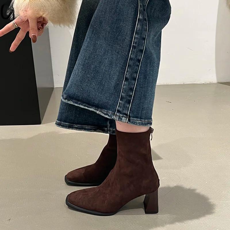 Vintage Thick Heel Square Toe Women Ankle Boots Ladies Elegant Mordern Short Botas Autumn Winter Zapatos De Mujer