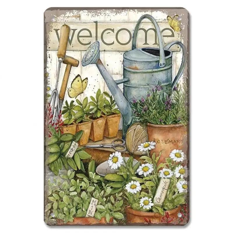 D Flat Metal Sign Vintage Welcome Garden Tin Sign Set Rustic Home Decor Butterfly Flower Watering Can Wall Art