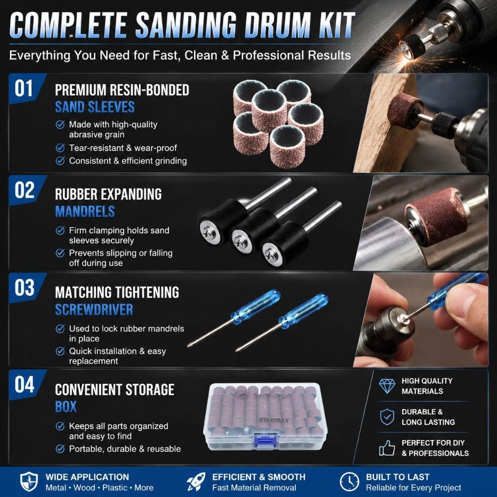 100pcs Multi-Purpose Sanding Drum Set 80 Grit 1/8inch Rotary Tool Sander Rotary Tool Accessories