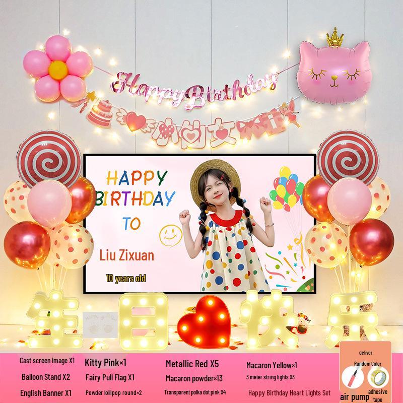 Happy Birthday Balloons for 7-8-Year-Old Girls - Home Party Decoration and Background Wall Decor