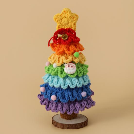Yousheng Crochet Christmas Tree Small Handmade Multi-layered Knitting Xmas Tree with Woodgrain Base for Winter Tabletop Home Room Party Decor