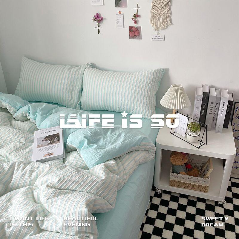 

Ins Простой Мятно-зеленый Постиранный Хлопковый Четырехпредметный Постельный Комплект Принцесса Стиль Полосатый Пододеяльник Простыня Трехпредметный Комплект Постельное Белье 1.5m 3pcs