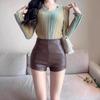 2023 Autumn/Winter Women's High Waist PU Leather A-Line Shorts - Slim Fit, Sexy & Stylish