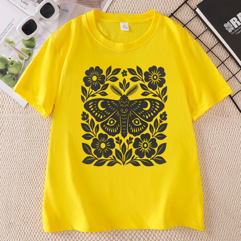 Boho Cottagecore T Shirts Moth Block Print Tshirt Unisex Short Sleeve Tshirt Casual Round Neck Tees Streetwear