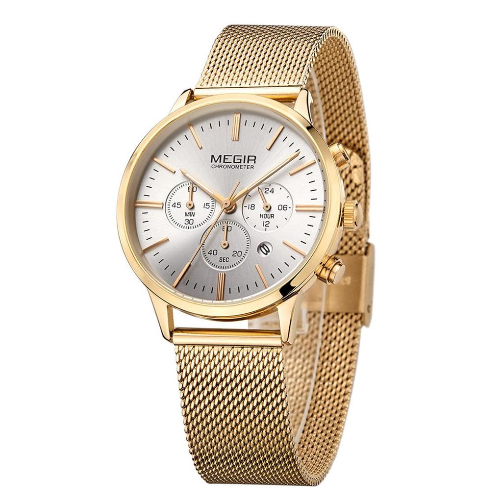 Megir Women's Chronograph Luminous Hands Date Indicator Quartz Wrist Watches Lady Rose Gold M2011L-1