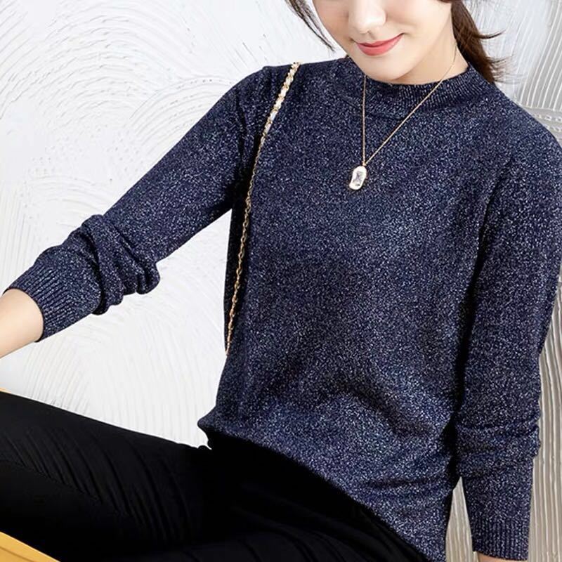 Shiny and Glittering Thin Sweater for Women Loose Knitted Sweater for Autumn Round-neck Pullover Long-sleeved Top