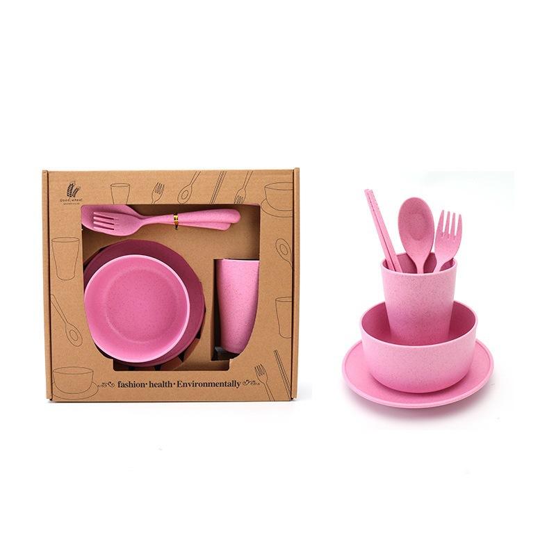 6Pcs Wheat Straw Dinnerware Set for Kids, Reusable Eco-Friendly Tableware Includes Bowl Plate Spoon Fork Chopsticks, Portable Gift Utensils