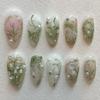 24Pcs Medium Almond Press On Nail Flower Design Artificial Nail with Rhinestones False Nail for Fashionable Women