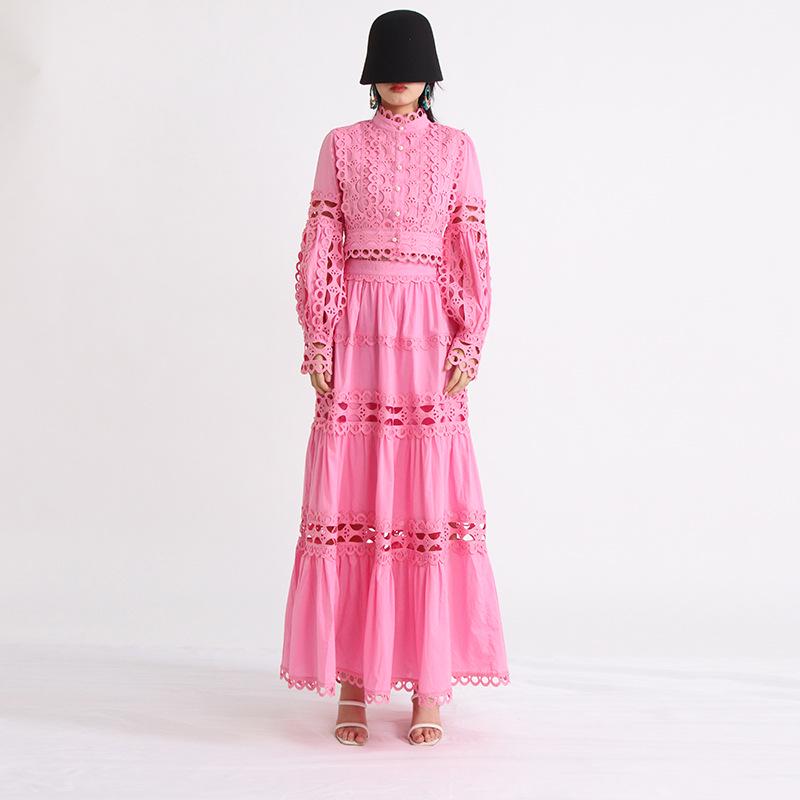 2025 Autumn French Retro Lace Collar Two-Piece Set: Hollowed-Out Top & High Waist Midi Skirt for Women