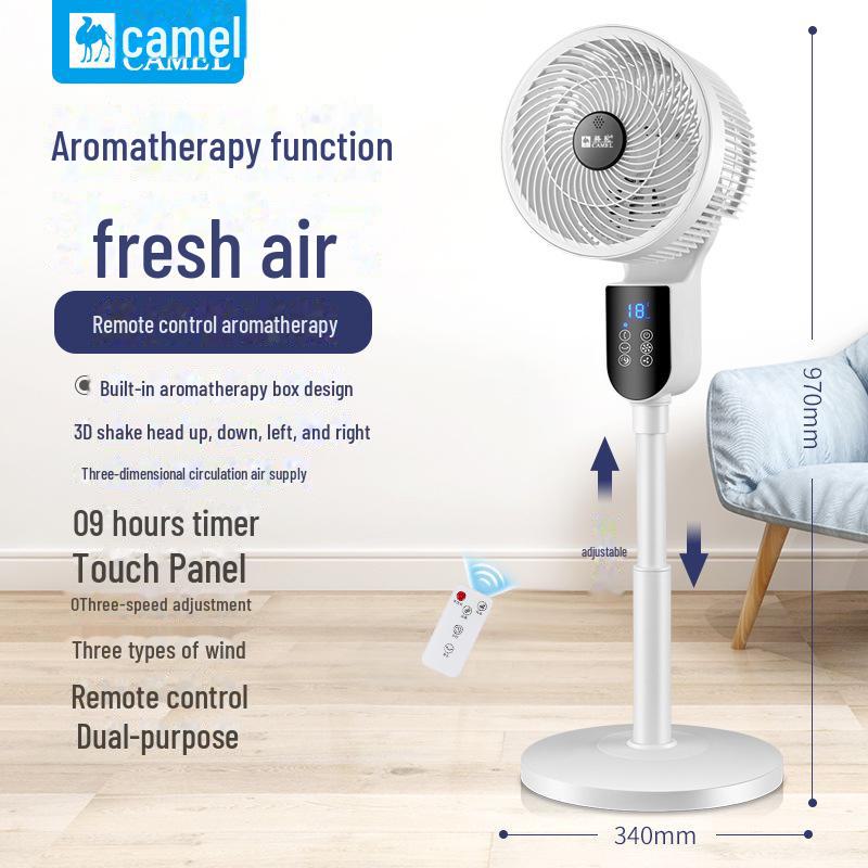 Camel 36-Speed DC Air Circulation Fan with Voice Control, Aromatherapy, Remote, Turbine Convection, and Floor Design.