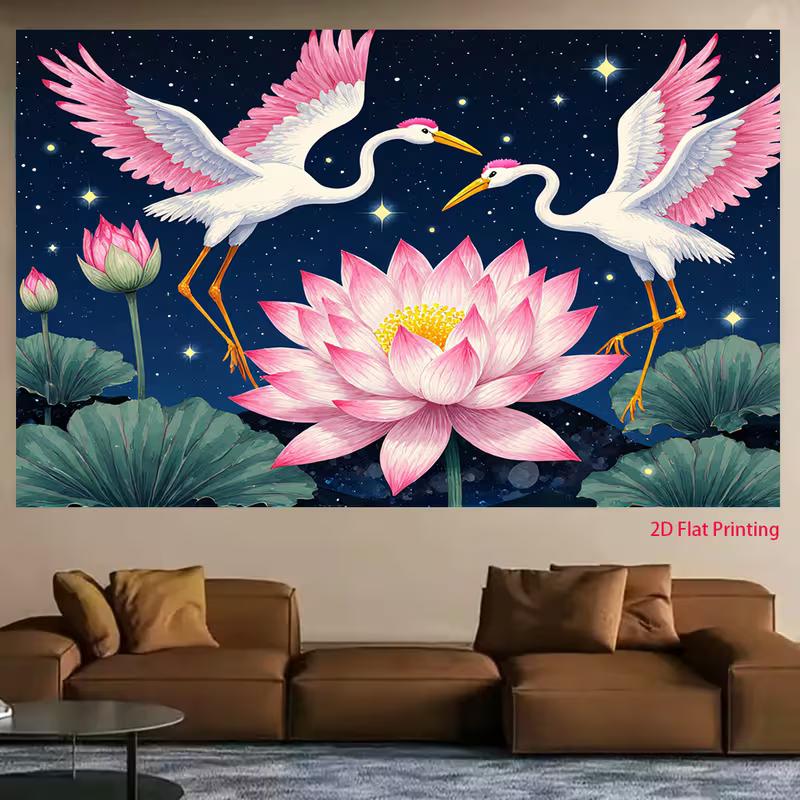 

Starry Night Pink Crane & Lotus Tapestry, Oriental Floral Water Lily Wall Hanging 47.2x31.5inch/120*80cm