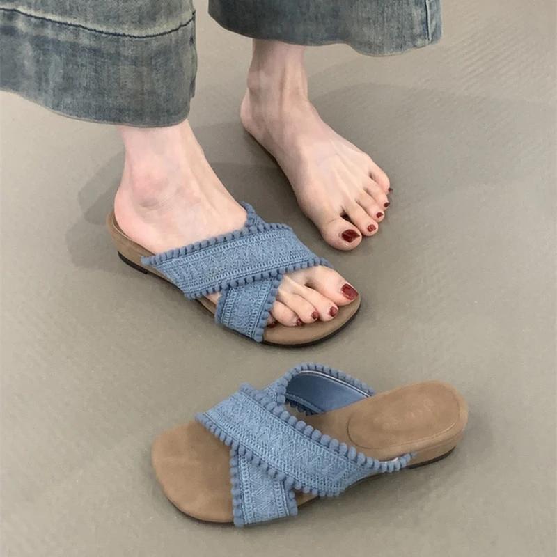 2025 Summer Women Fashion Weave Cross Slippers Casual Comfort Wedges Heel Beach Vacation Slides Shoes