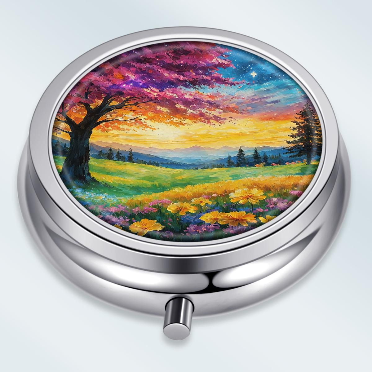 

Portable Pill Box with 3 Compartments, Mini Metal Medicine Organizer Case, Cute Printed Pill Container for Vitamins, Pills, Jewelry, Travel, Daily Use разноцветный