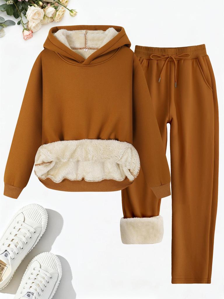 Trendy Winter Lambswool Hooded Sweatshirt & Fleece Lined Straight Leg Sweatpants Set