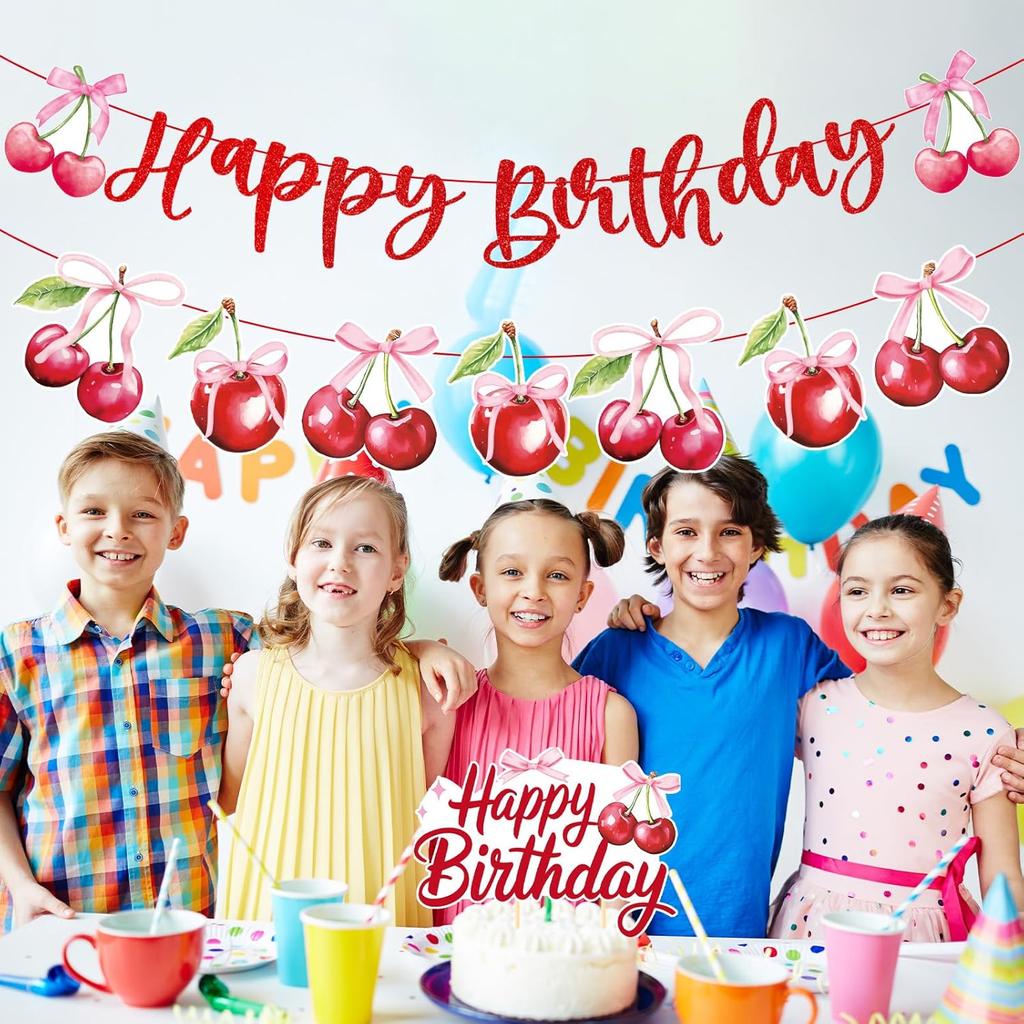 Cherry Birthday Party Decorations - Cherry Themed Banners Decoration Pink Bow Fruit Cake Topper Decor Supplies for Girls Women