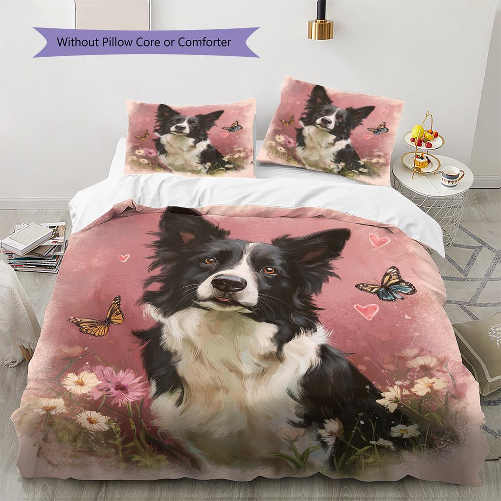 Pink Border Collie Pattern Bedding Home Decoration Birthday Gift (1 * duvet cover + 2 * pillowcase, without core)