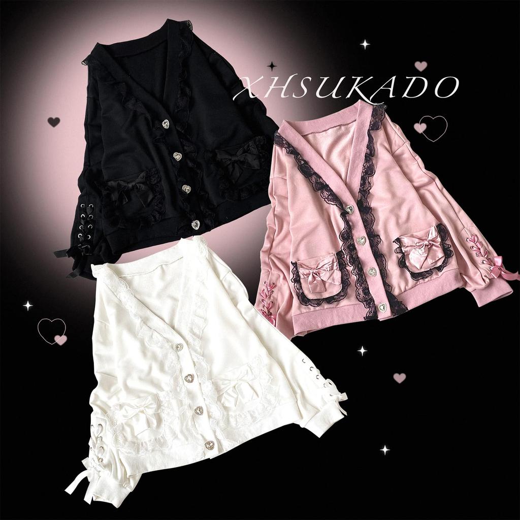 XHSUKADO Long Loose Student Knit Black Women's Lace-Up Cardigan, Sleeve, Cute, Mass-Produced, Ribbon, Ruffle, Lace, Pockets, V-Neck, Fit, Top,