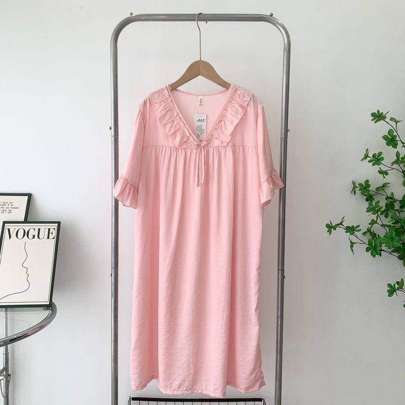 

Summer New Arrival Silk Cotton Maternity Dress Outerwear Homewear Mercerized Cotton V Neck Short Sleeve Skirt Plus Size Lace Skirt Light pink All yards Bust size 106, Length 96