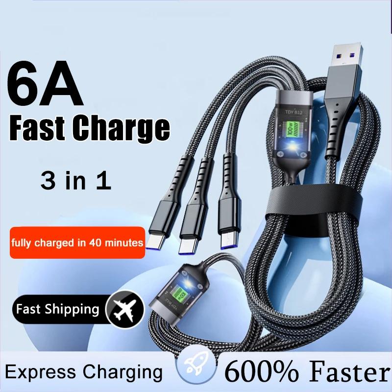 1.2/2M 100W 3 in 1 Fast Charging Data Cable Transparent Fast Charging Cable Type C USB Micro Charging Cable with Digital Display