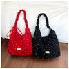 Red Floral Canvas Shoulder Bag Adjustable Ruffled Strap Large Capacity For Commute Shopping Travel