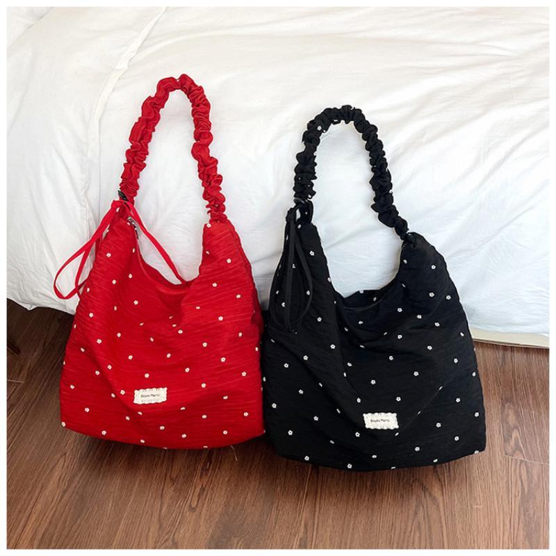 Red Floral Canvas Shoulder Bag Adjustable Ruffled Strap Large Capacity For Commute Shopping Travel