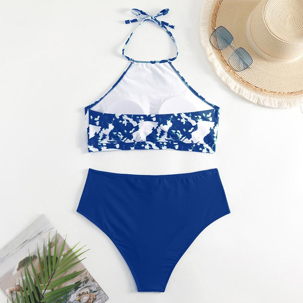 Printed Neck Hanging Split Bikini Slimming Multi Colored Women's Swimsuit