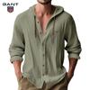 Gant Embroidery Men's Solid Color Casual Long Sleeved Shirt Hooded Drawstring Cotton and Linen Cardigan Trendy Versatile Loose Beach T-shirt