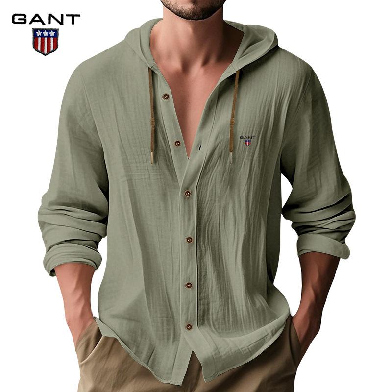 Gant Embroidery Men's Solid Color Casual Long Sleeved Shirt Hooded Drawstring Cotton and Linen Cardigan Trendy Versatile Loose Beach T-shirt